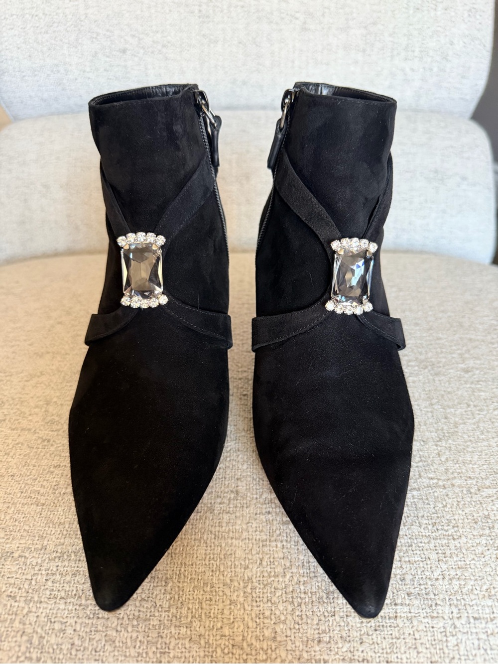 Stuart Weitzman Black Suede Pointed Ankle Booties with Crystal Buckle